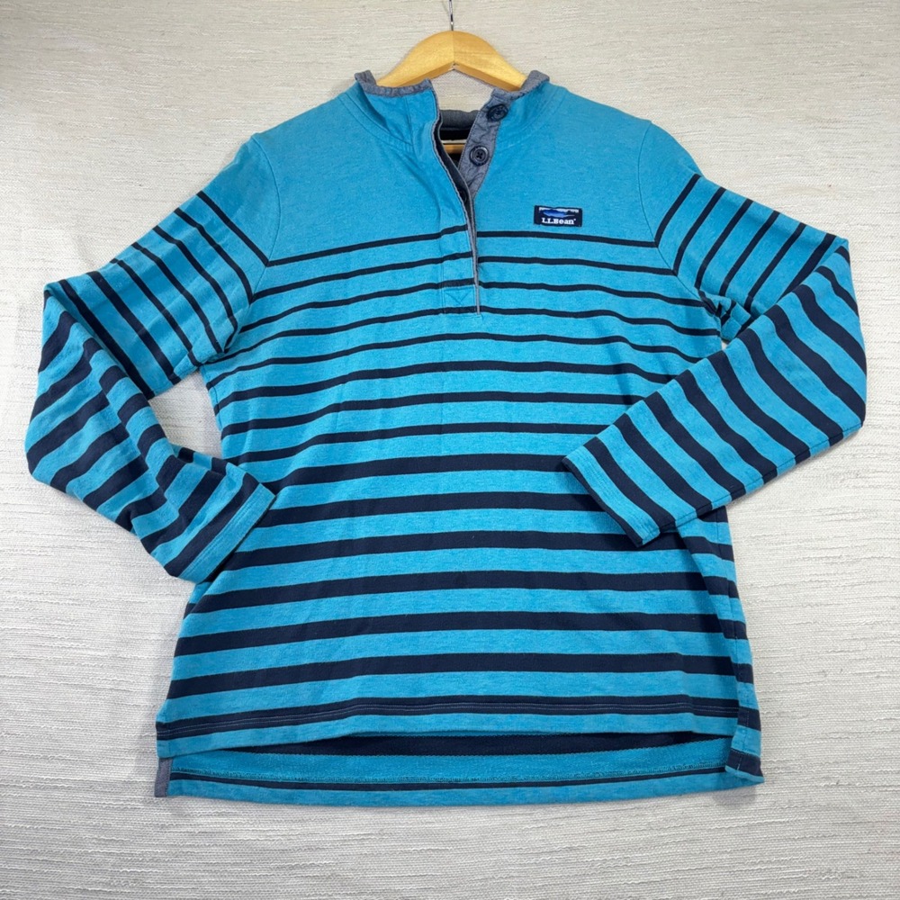 LL Bean Womens Striped 100% Cotton Quarter Button Pullover Blue Navy‎ 501241